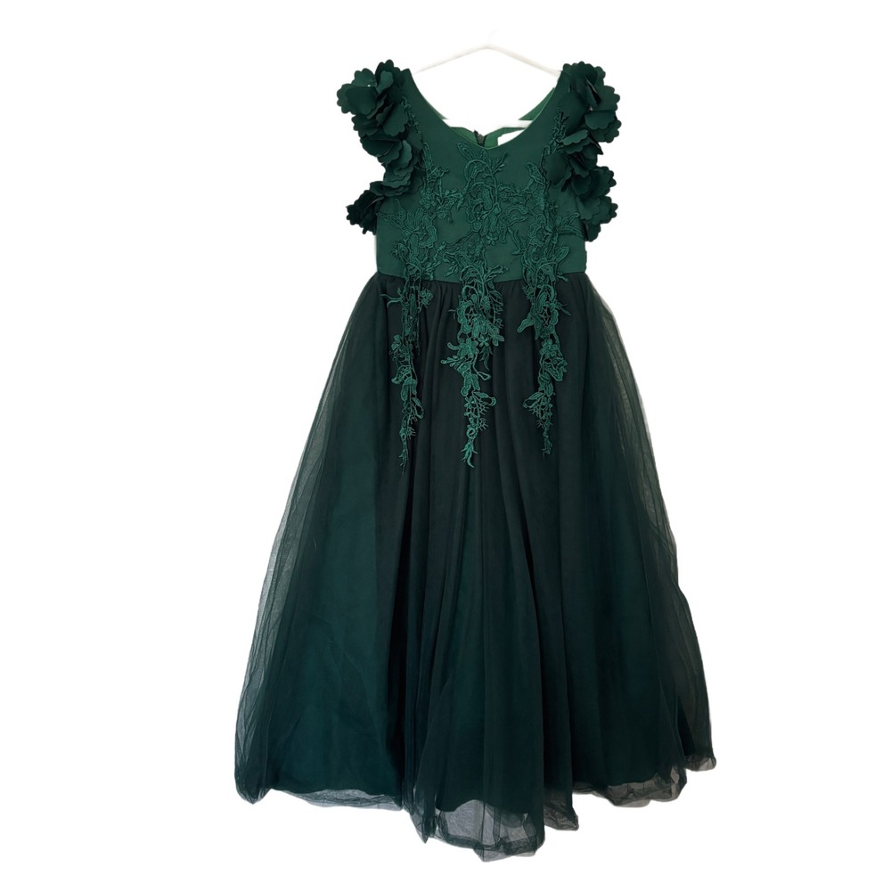 Emerald Green Kids Lace 3D Floral Tulle‎ Formal Flower Girl Dress Size 5